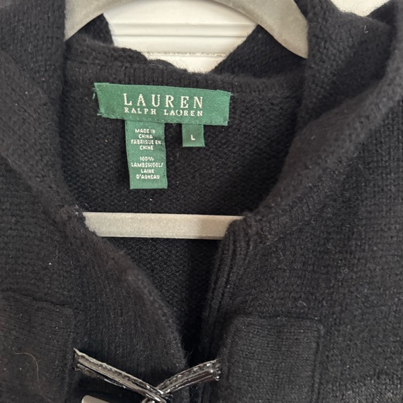 Lauren Ralph Lauren Women's 100% Lambs Wool Toggle Cardigan Sweater Black Hooded - Picture 2 of 6